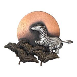Vintage K&T Zebra Brooch Copper Sun & Leaf Design Running Safari Africa RARE